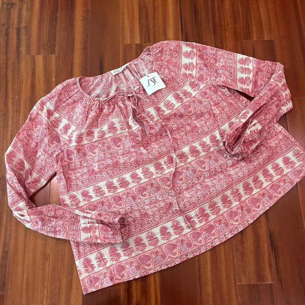 LoveShackFancy Peasant Blouse Red Multi Floral Cotton Top New NWT Size Small